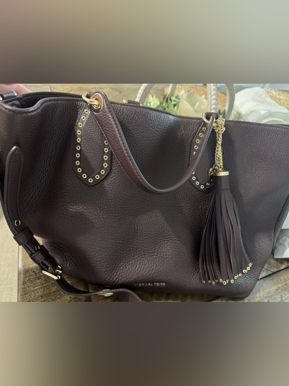 Michael Kors Pebbled Leather Tote in Deep Brown with Gold Accents Brooklyn bag